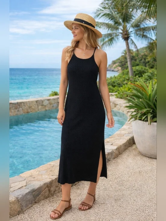 House of Harlow 1960 Nicole Richie Black Crochet Knit Spaghetti Strap Midi Dress - Picture 4 of 10